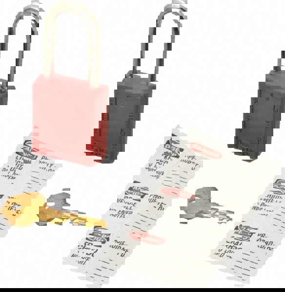 Lockout Padlock: Keyed Alike, Thermoplastic, Steel Shackle, Red